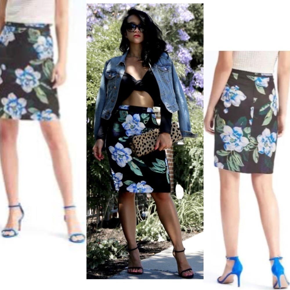 Banana Republic black blue green Floral flower Midi Pencil Skirt Sz 2 NWOT